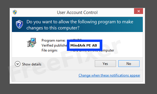 Screenshot where MindArk PE AB appears as the verified publisher in the UAC dialog